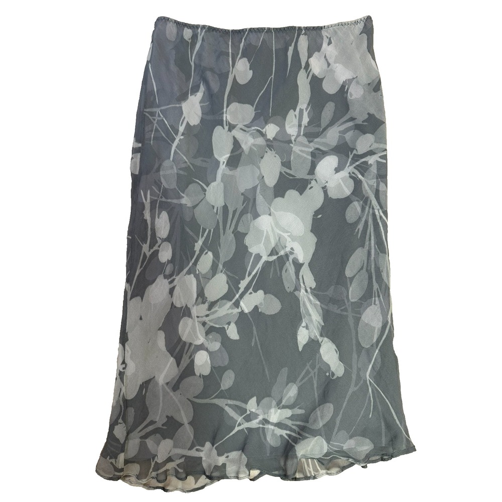 Banana Republic Silk Slip Skirt Sheer Botanical Gray Y2K 90s Pull On Midi 6